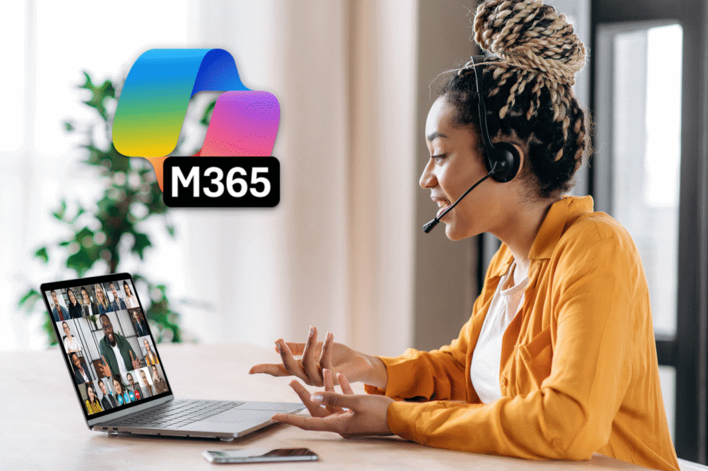 Professional woman attending the MS-4004 Empower Your Workforce with Microsoft 365 Copilot class online with SAVAGE AI.